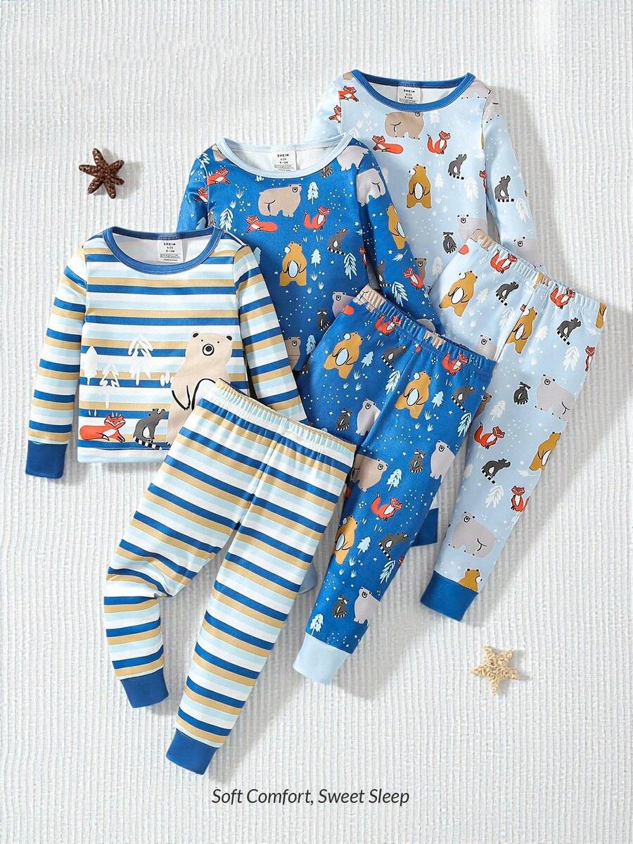 3pcs/Set Boys' Cute Cartoon & Striped Print Snug Fit Long Sleeve T-Shirt And Long Pants Pajamas - Multicolor - View 1