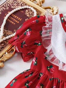 Mädchen beliebtes Kleid mit Rosen-Blumen-Mesh-Spitze-Patchwork, geeignet für Frühling/Sommer, weich & bequem, Mesh-Spitze-Patchwork-Design, rotes Rosen-Muster, Schleifen-Dekor, lässig elegant, geeignet für Ausflüge, Lässig-Anlässe - Violett - Übersicht 7