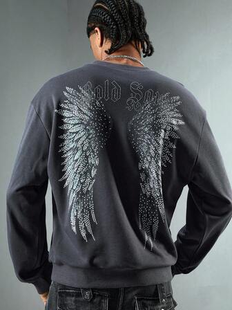 Street Life Sudadera con cuello redondo para hombres con estampado de alas y rhinestones