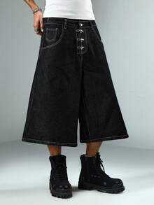 ROMWE MEN Grunge Punk 男士宽松飞机扣阔腿休闲牛仔短裤 - 藍色 - 查看 10