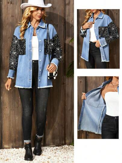 EMERY ROSE Women's Lapel Single-Breasted Fringe Sequin Patchwork Fashion Versatile Long Sleeve Denim Jacket Winter New Year Blue Jean Jacket Women Jean Shirts For Women Oversized Jean Jacket Western Button Up Women Plus Size Denim Jackets
