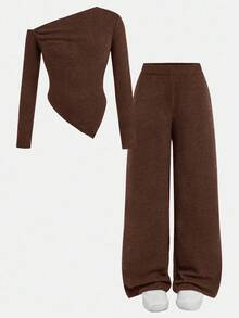 SHEIN 两件套少女休闲针织不对称领T恤和阔腿裤套装，适合秋冬季日常休闲穿着 - 棕色 - 查看 7