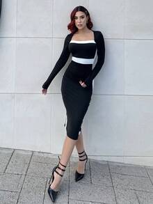 Bearsaez Square Neck Color Block Figure Hugging Sexy Women Dress Maxi Women Outfit Fall Cloth For Women - Black and White - View 6