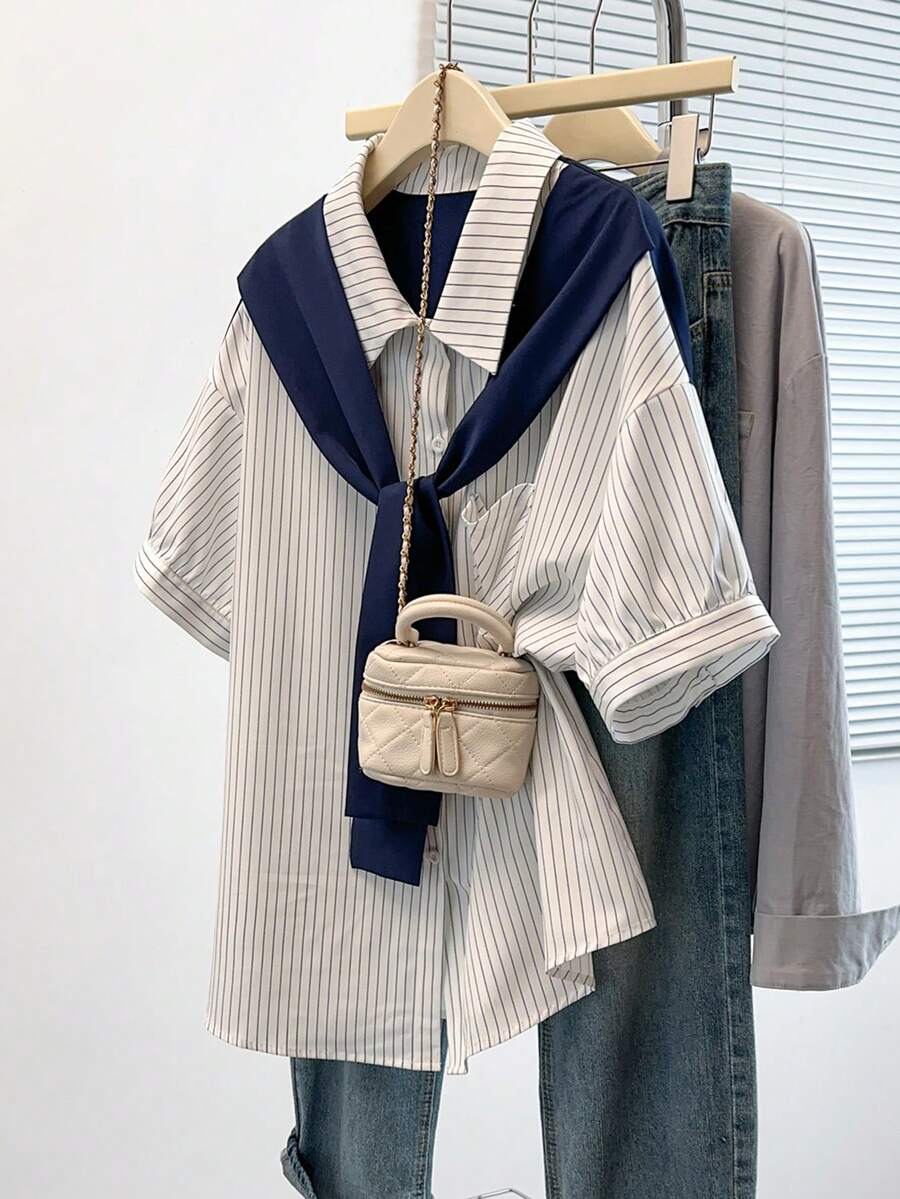 GlowEve CURVE Große Größen Gestreifte Lässig Bluse mit Farbblock für Damen, geeignet für Boho-Urlaub, Dates, Pendeln, Büromode, Ausgehen - Weiss - Übersicht 1