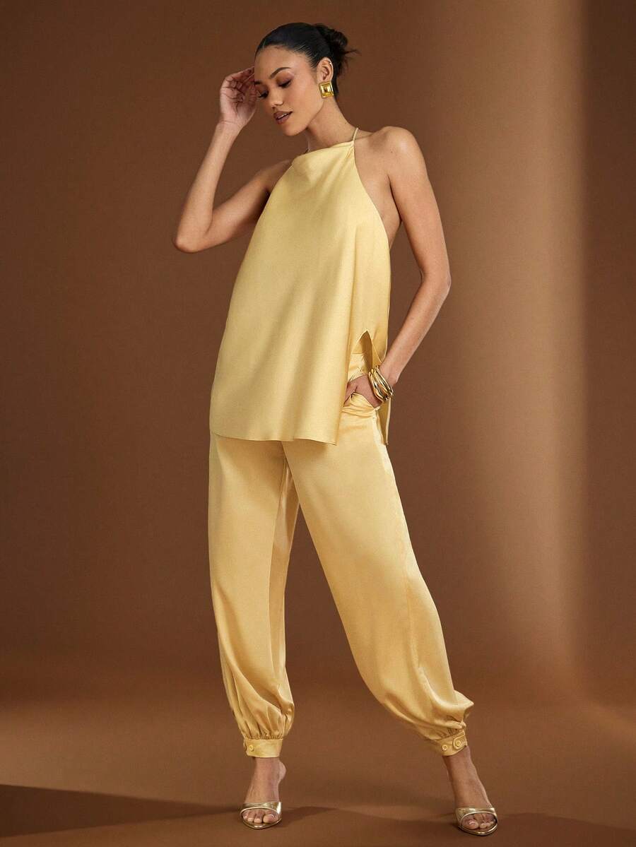 Hauture Pantalones casuales de unicolor con bolsillos y cordón para mujer, versátiles para vacaciones y viajes - Amarillo - Ver 1