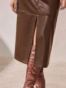 BizChic Falda con abertura alta de PU para mujer, versátil para el trabajo, casual, fiesta, invitada de boda, verano, Día de San Valentín, Año Nuevo, elegante y de moda para damas - Marrón - Ver 8