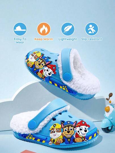 SHEIN | PAW Patrol Söta tecknade blå pojkar barnslip-on inomhusträskor, småbarn och små barn mjuka plysch varma vinterhusskor, lätta och hållbara EVA-material, unisex flickor i huset, lekplats, tofflor sandaler inomhus utomhus, chase, rubble, vinter