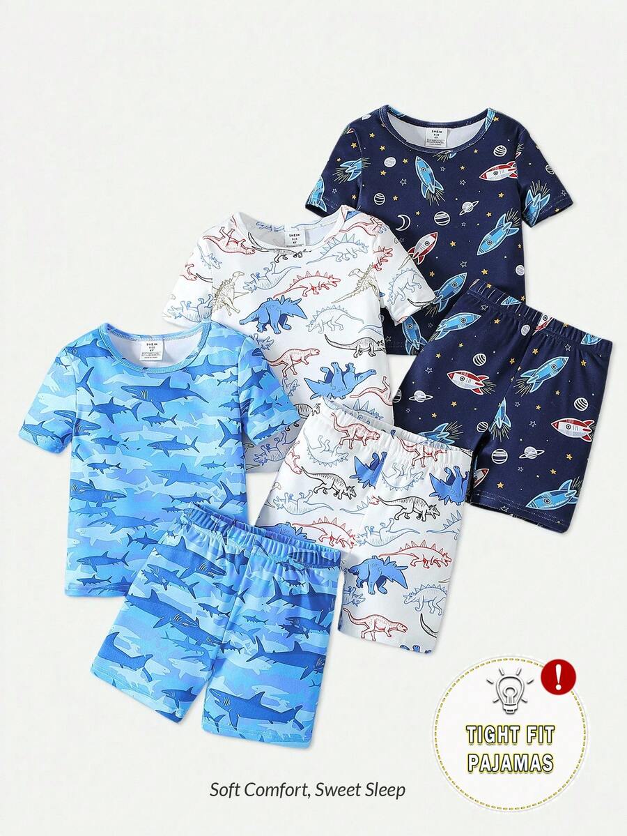 6pcs/Set Young Boy Cartoon Galaxy & Ocean Animal Print Snug Fit T-Shirt And Shorts Pajama Set - Multicolor - View 1