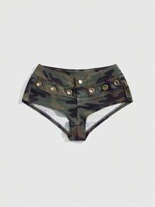 ROMWE J-Fashion Quần short denim nữ cạp siêu ngắn kiểu vintage Y2K họa tiết rằn ri, trang trí khuy kim loại. - xanh quân đội - Xem 1