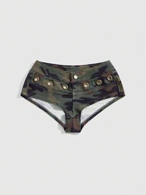 J-Fashion Y2K Vintage Ultra Low Waist Super Short Camouflage Grommet Decor Women's Denim Shorts
