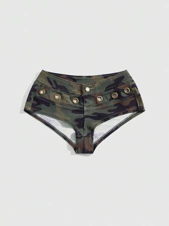 J-Fashion Pantalones cortos de mezclilla con decoración de ojetes y camuflaje de cintura ultra baja y súper corta estilo vintage Y2K para mujeres