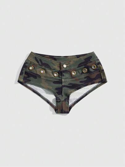 J-Fashion Y2K Vintage Ultra Low Waist Super Short Camouflage Grommet Decor Women's Denim Shorts