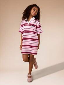 SUMWON Tween Striped Polo Dress Short Sleeve Collared Button Placket Horizontal Stripe Pattern Casual Knee Length Summer Spring Dress Vacation - Pink - View 1