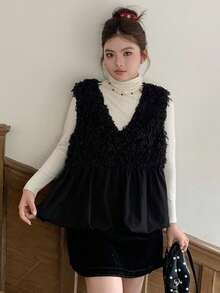 Dazy Plus 大码女式休闲纯色V领拼接仿毛领无袖吊带背心 - 黑色 - 查看 4