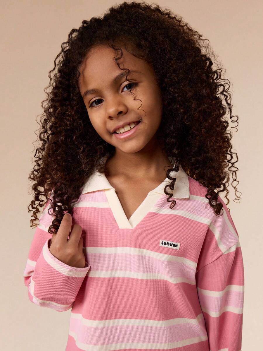 SUMWON Blusa de manga larga a rayas con cuello de polo estilo rugby clásico para niñas, camisa casual de primavera para vacaciones - Rosa - Ver 1