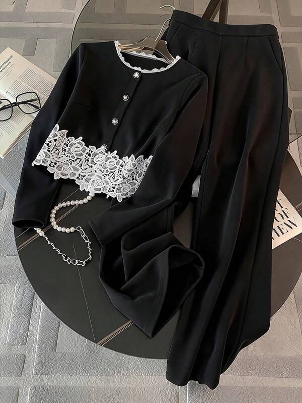 GlowEve CURVE Plus Size Elegant Commuter Floral Lace Patchwork 2 Pieces Set