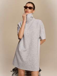 Hanevo Spring/Summer New Casual Elegant Fashion Vacation Lightweight Outdoor Sports Loose Commute Dropped Shoulder Half Sleeve Short Cropped H-Line High Collar Knit Women Mini Dress - Grey - View 6