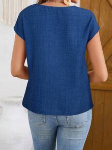 EMERY ROSE 女士休闲纯色亚麻质感衬衫，春夏嘉年华皇家蓝衬衫，夏季休闲上衣，蓝色夏季上衣，皇家蓝上衣，女士蓝色衬衫，休闲款 - 藍色 - 查看 2