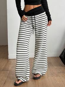 Coolane Women's Spring/Summer Boho Casual Chic Vacation Outfits Old Money Striped Cable-Knit Comfortable Black And White Loose Straight Pants - Black and White - View 4