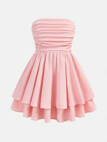Girlism Tween Girl Woven Solid Color Bubble Pleated Double Layer Skirt Casual Strappy French Fairy Dress, Elegant Long Sleeve Cake Dress, Great For Casual & Daily Wear & School Daily In Autumn & Winter, For Christmas, Vacation, For Christmas, Party Wear, Birthday Dress, Valentine's Day, Wedding Season, Princess Dress, Valentine Day Kids - Pink - View 5