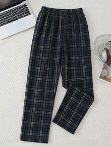 Pantalones rectos de tela tejida con cintura con cordón, ajuste holgado, estilo casual a cuadros azul marino, ropa cómoda para adolescentes - Multicolor - Ver 2