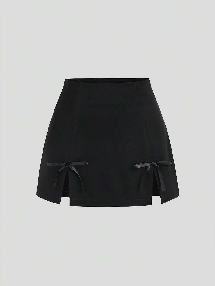 Sweetra Minifalda sexy y elegante de mujer con corte A, abertura lateral y decoración de lazo en color negro - Negro - Ver 1