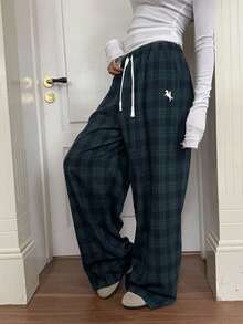 SHEIN EZwear Calça feminina xadrez folgada com cordão, confortável e casual. - Verde escuro - Ver 4