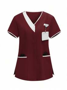 TaskEZ 2pcs White & Red Splice Casual V-Neck Short Sleeve Top And Pants Uniform Set, Cleaning Service Uniform Set - Burgundy - View 5