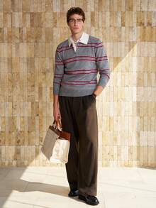 Airaco Vintage Coin Pattern Contrast Stripe Crew Neck Casual Pullover Sweater For Men - Dark Grey - View 4