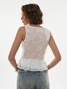 Poéselle Women's Fashion Vacation Casual Tie-Up Ruffle Hem Camisole,White Embroidered Peplum Top - Tie Front Lace Tank With Floral Details For Boho Summer Outfits,Spring Outfit ,Spring To Summer,French Style Top - White - View 2