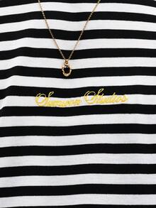 SUMWON Oversized Crew Neck Short Sleeve Striped T-Shirt With Gold Script Embroidery Chest Print Casual Jersey Summer Top - Black and White - View 2