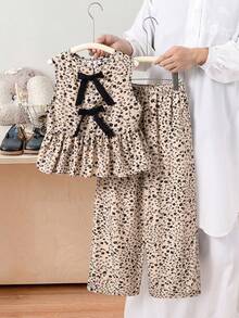 SHEIN 2件套少女碎花无袖上衣和宽松休闲裤套装