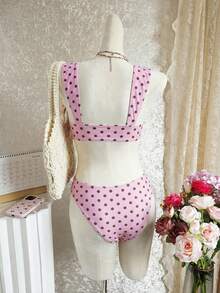 Swim Mod 女士新款波点印花宽肩带U领比基尼套装，露脐上衣和高开衩比基尼泳裤，性感夏季泳装 - 彩色 - 查看 3