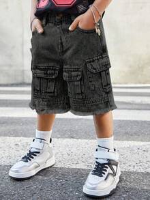 SHEIN Young Boy Street Cool Distressed Vintage Washed Multiple Pockets Ripped Frayed Loose Fit Wide Legs Denim Cargo Shorts,Spring/Summer Streetwear - Black - View 5