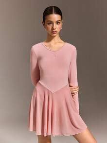 SHEIN Teen Girls Long Sleeve Pink Ballet Dance Dress, Round Neck With Ruched Front Design, Cute Bow Back Design, Soft & Lightweight Mesh Skirt With Snap Crotch, High Stretch & Skin-Friendly, Suitable For Dance, Yoga & Activewear