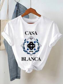 EMERY ROSE Conjunto informal de 2 piezas de mujer con camiseta estampada con letras y shorts a rayas, para verano - Blanco - Ver 3