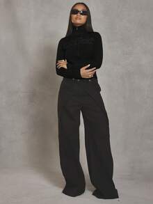 MUSERA 撞色罗纹标语高领拉链开衫，酷女孩、街头风、日常、冬季、学院风、1997年晚宴派对优雅春季款 - 黑色 - 查看 5