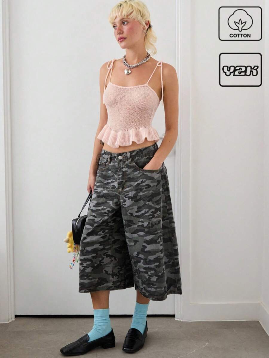 COUREZ Denim Camo Jorts /Y2K Street Wear Summer Outfits For Women Summer Shorts Vintage 100%Cotton - Multicolor - View 1