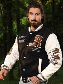 Logeqi® Hombres Chaqueta de béisbol informal vintage Abrigo acolchado grueso otoño/invierno vintage informal con Letras bordados y frases de 2 bolsillos inclinado sencilla de Color Negro y Beige - Negro - Ver 13