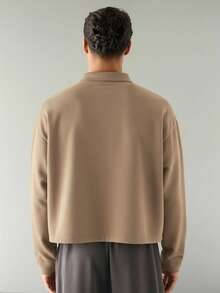 SWAVVY 男士针织休闲宽松长袖半开襟 Polo 衫，时尚日常穿着男士针织衫 Polo 衫，男士纽扣 Polo 衫 - 卡其色 - 查看 2