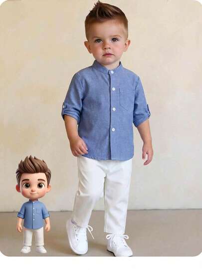 Baby Boy Casual Cute Versatile Blue Long Sleeve Shirt & Elastic Waist Pants Set Cute And Versatile Casual Blue Long-Sleeved Shirt And Elastic Waist Trousers Set For Baby Boys (2-Piece Set). Includes A Casual Gentleman's Long-Sleeved Shirt With Button Loops And White Dress Trousers. Suitable For Home, Outdoor, And Other Occasions. A Gentleman's Shirt And Trouser Set For Little Boys.
