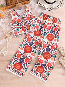 夏季女童大码两件套：这款无袖背心采用精致多彩的花卉印花，与配套的飘逸阔腿裤完美搭配。轻盈舒适的面料，加上醒目的印花，营造出浓郁的热带度假风情。非常适合海滩度假、假日休闲漫步或日常外出穿着。 - 彩色 - 查看 6