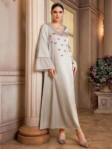 Al Najma Women's Long Sleeve Tunic With Crystal Embellishment, Traditional Turkish & Arabic Style Kaftan Jalabiya Dress - Apricot - View 5
