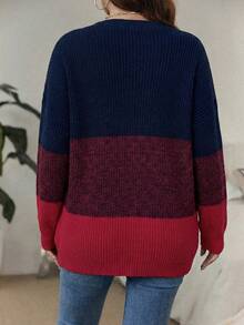 SHEIN LUNE Plus Size Color Block V-Neck Casual Pullover Sweater In Fall/Winter - Royal Blue - View 2