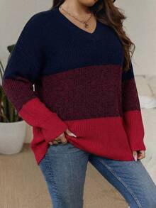 SHEIN LUNE Plus Size Color Block V-Neck Casual Pullover Sweater In Fall/Winter - Royal Blue - View 6