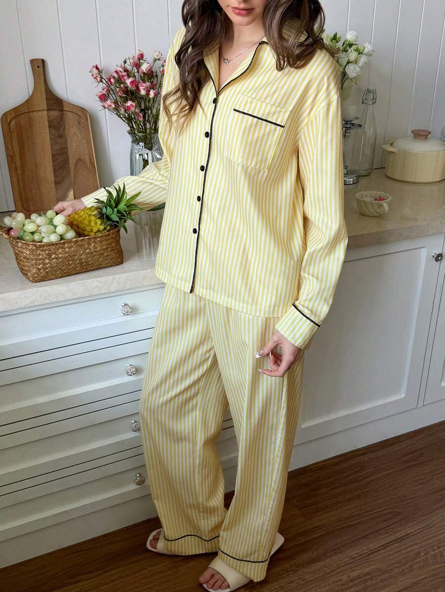 Snug Reverie Minimalist Slouchy Girl Yellow Striped Pajama Set, Long Sleeve Top And Pants, Elegant Loungewear, Spring/Autumn Yellow Pajamas For Women Yellow Pajama Set Two Piece Sleepwear Set Yellow Pj Set