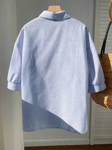 SHEIN EZwear Women's Striped Printed Single-Breasted Casual Medium Sleeve Shirt - Blue - View 2