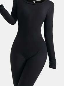 Sparklyn 2pcs/Set Teen GirlCasual All-Match Versatile Sports & Loungewear Crew Neck Skinny Knit Jumpsuit - Black - View 4