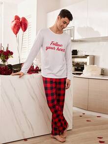CoupledUp Valentine's Day Slogan & Plaid Pattern Couple's Pajama Set For Men - Multicolor - View 3