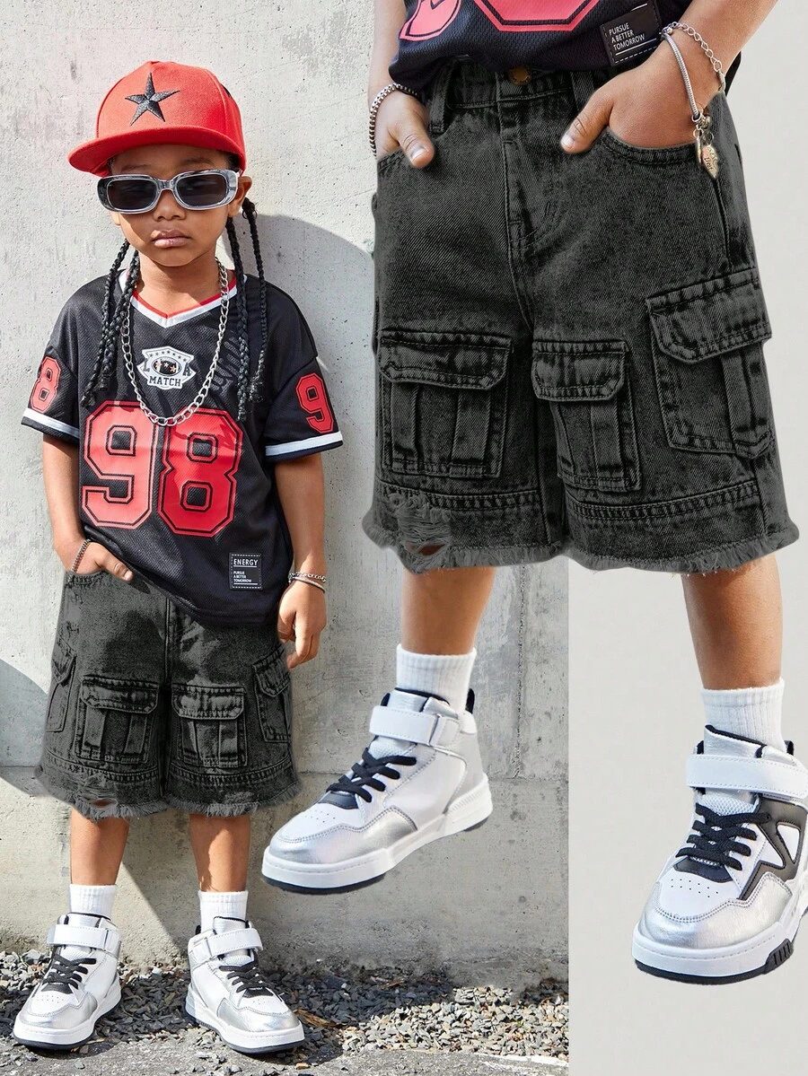SHEIN Young Boy Street Cool Distressed Vintage Washed Multiple Pockets Ripped Frayed Loose Fit Wide Legs Denim Cargo Shorts,Spring/Summer Streetwear - Black - View 1